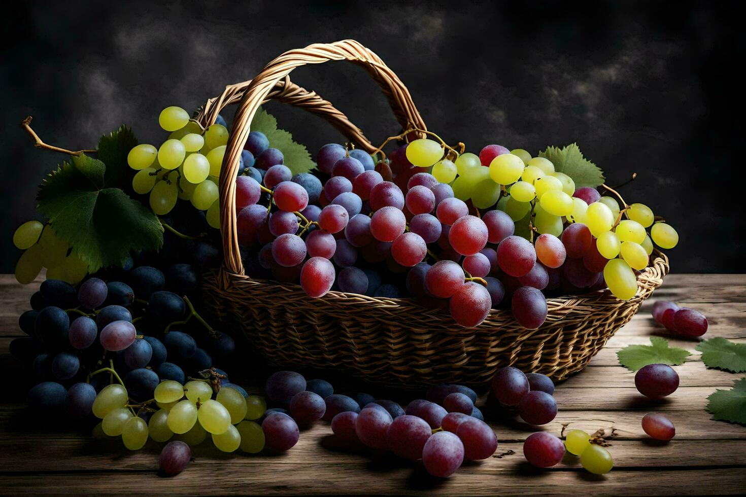 les raisins dans une panier sur une en bois tableau. généré par ai photo