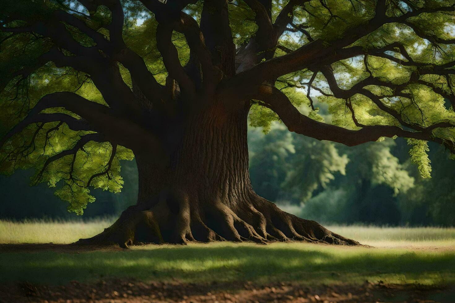 un vieux chêne arbre dans le milieu de une champ. généré par ai photo