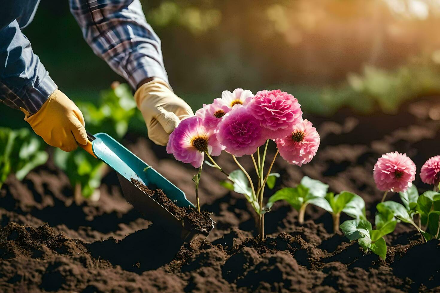 une la personne est plantation fleurs dans le jardin. généré par ai photo