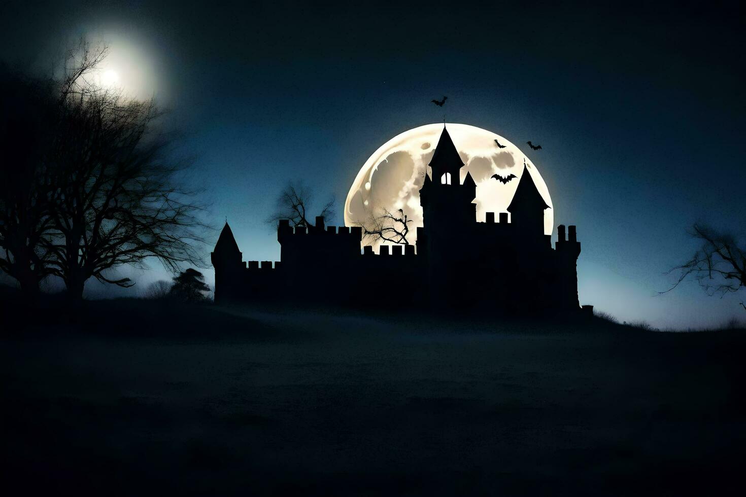 Halloween Château avec chauves-souris en volant plus de il à nuit. généré par ai photo