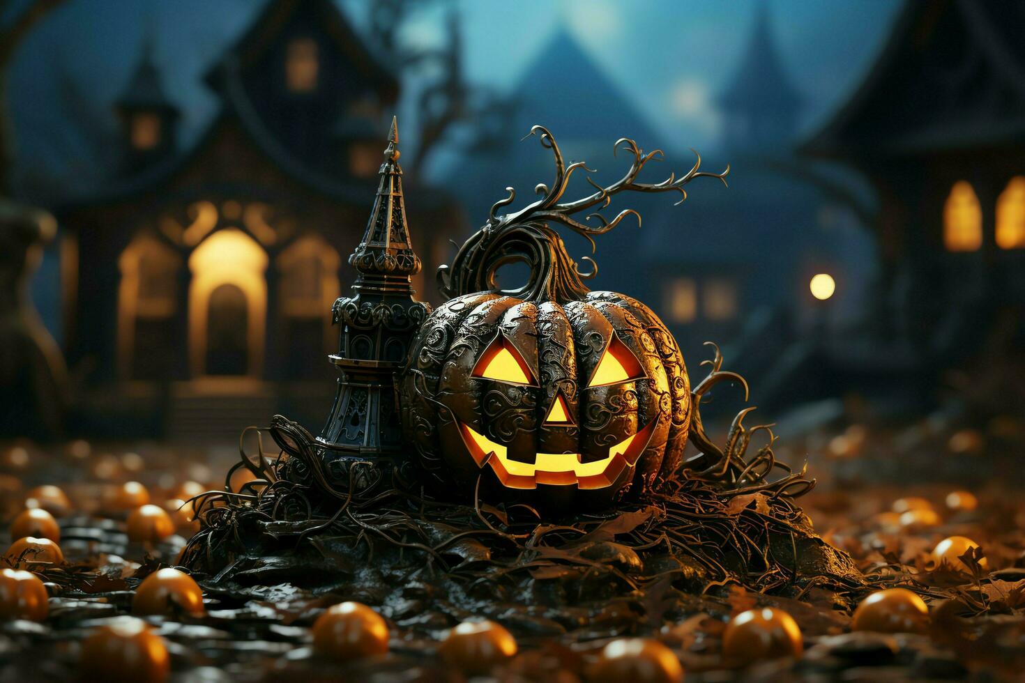 effrayant citrouille et maison dans nuit de plein lune sur Halloween fête concept. effrayant Halloween Contexte avec citrouille. sale maison et citrouille sur Halloween fête concept par ai généré photo