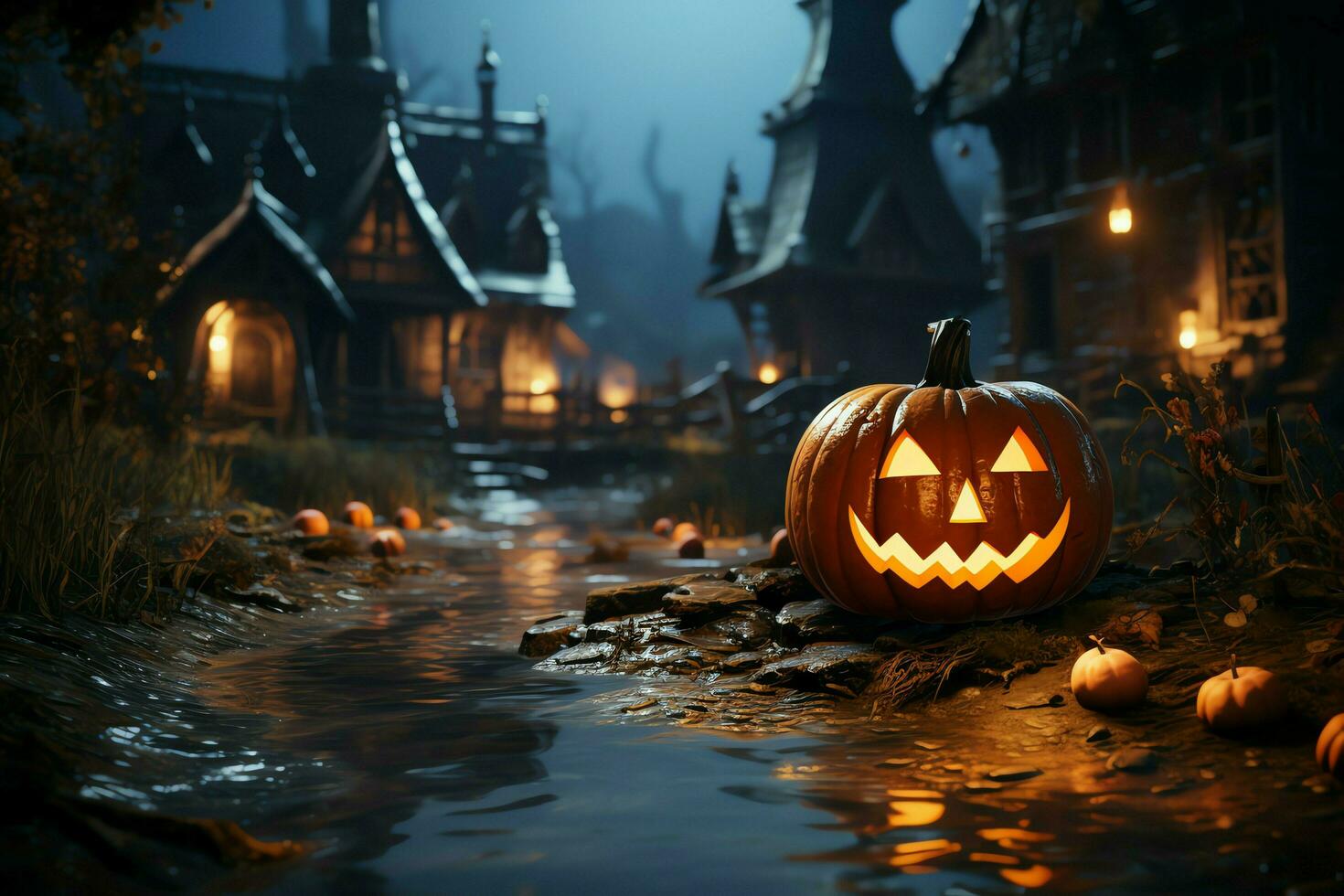 effrayant citrouille et maison dans nuit de plein lune sur Halloween fête concept. effrayant Halloween Contexte avec citrouille. sale maison et citrouille sur Halloween fête concept par ai généré photo