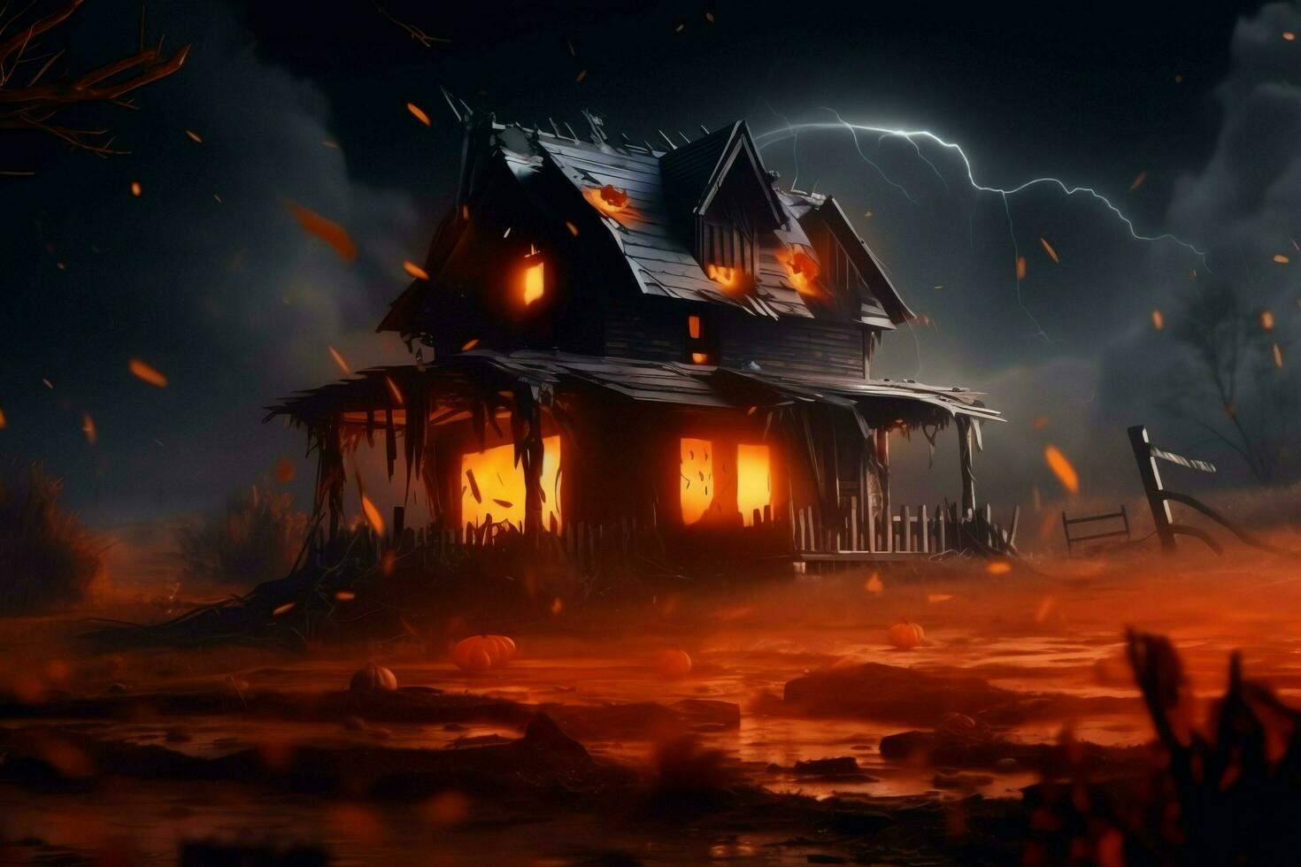 hanté maison sur Halloween fête concept. effrayant maison Halloween Contexte avec déserté bâtiment et citrouille. effrayant maison avec terrifiant bâtiment à nuit par ai généré photo