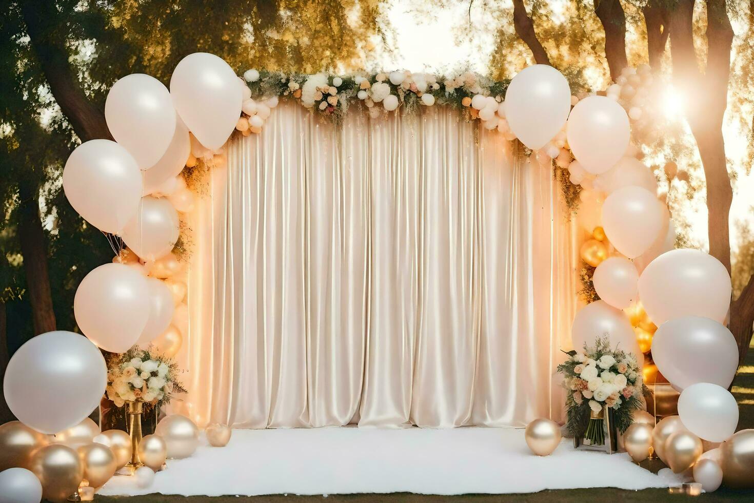 une mariage toile de fond avec des ballons et blanc fleurs. généré par ai photo