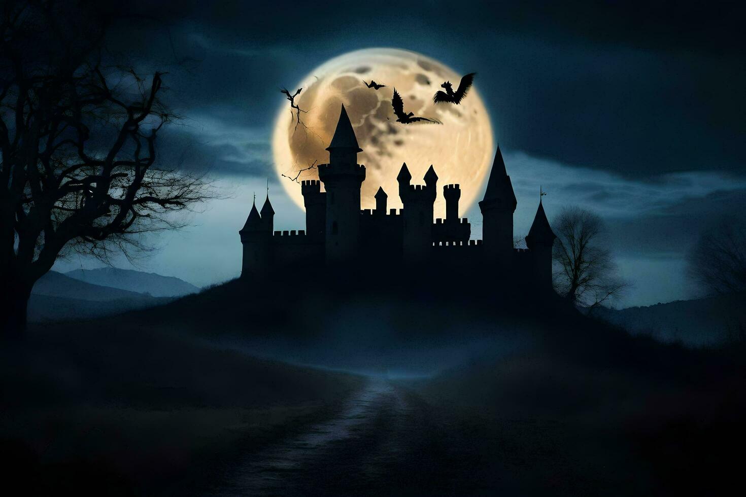 Halloween Château avec chauves-souris en volant plus de il à nuit. généré par ai photo