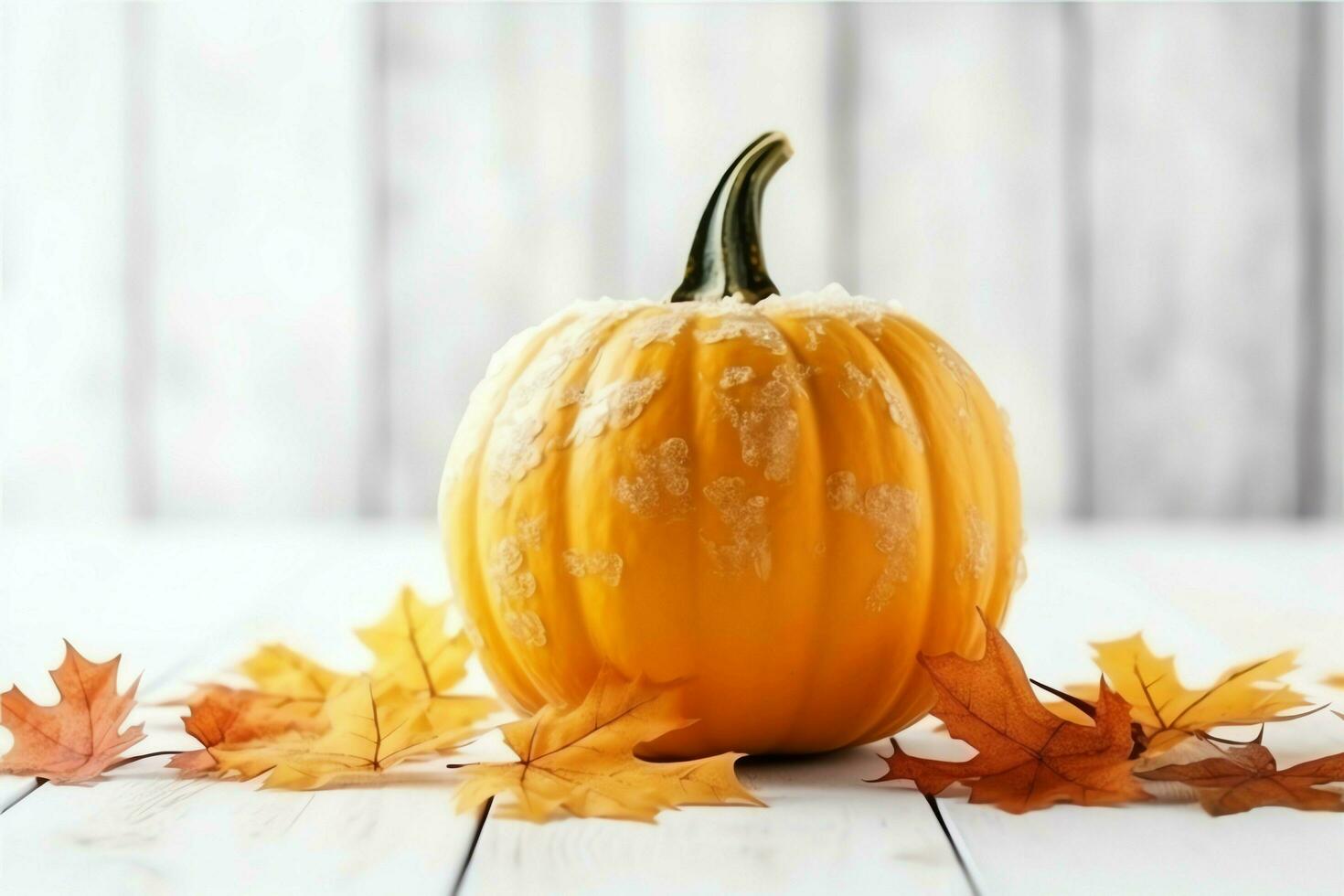 décoratif citrouille Contexte et sec l'automne feuilles sur en bois arrangement à l'intérieur. Halloween concept par ai généré photo