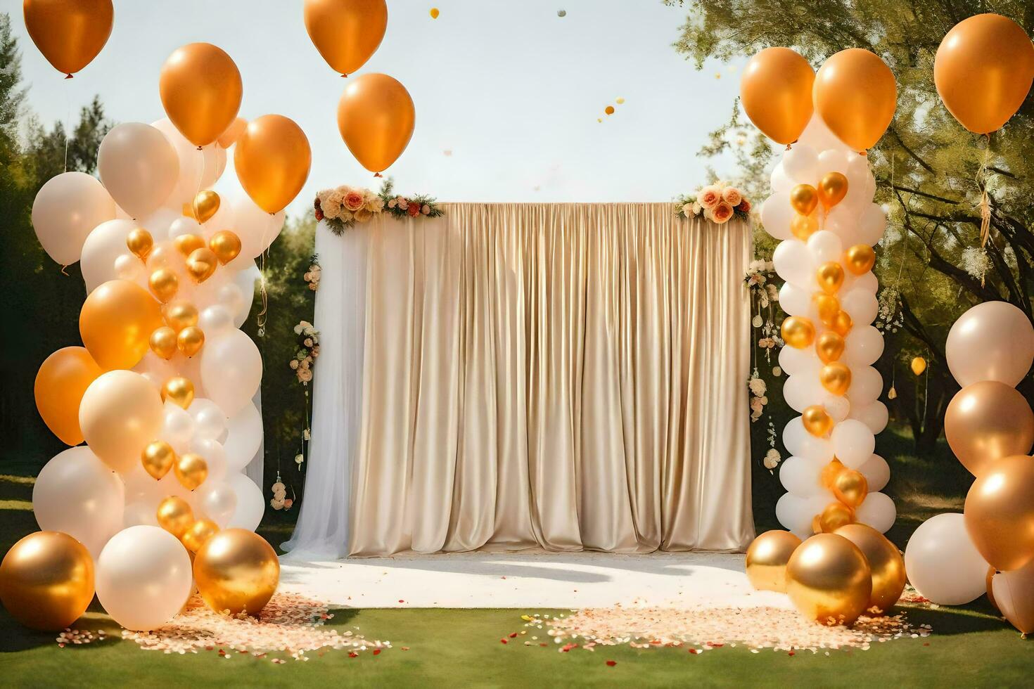 une mariage toile de fond avec or des ballons et blanc rideaux. généré par ai photo