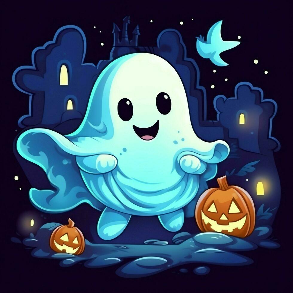 une marrant des fantômes sur Halloween fête dans une cimetière à nuit dans mignonne dessin animé style. Halloween par ai généré photo