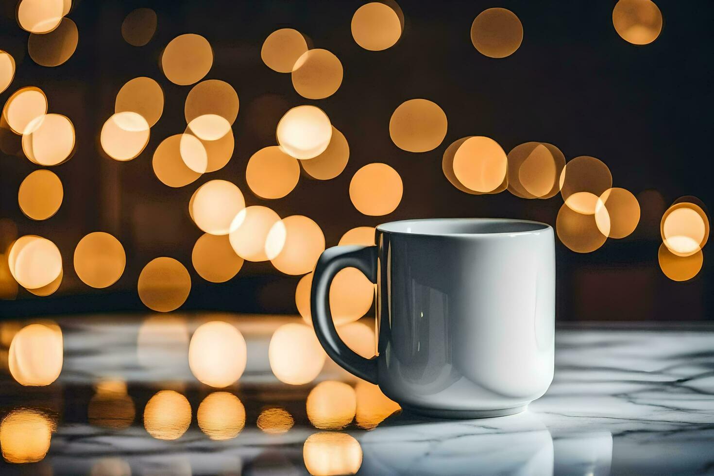 une café tasse est assis sur une table dans de face de une flou Contexte de lumières. généré par ai photo