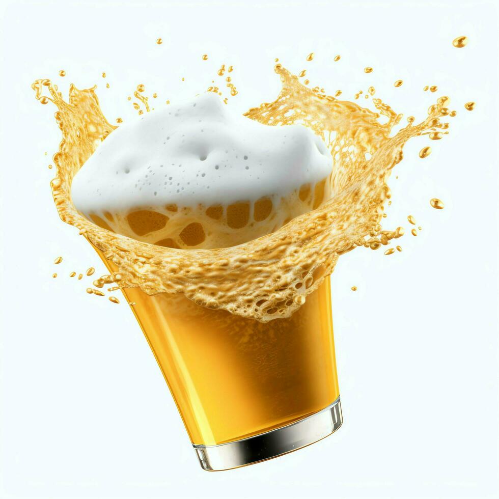 une verre de du froid Frais Bière avec casquette de mousse. éclaboussure de mousse avec savoureux américain bière. Bière journée concept par ai généré photo