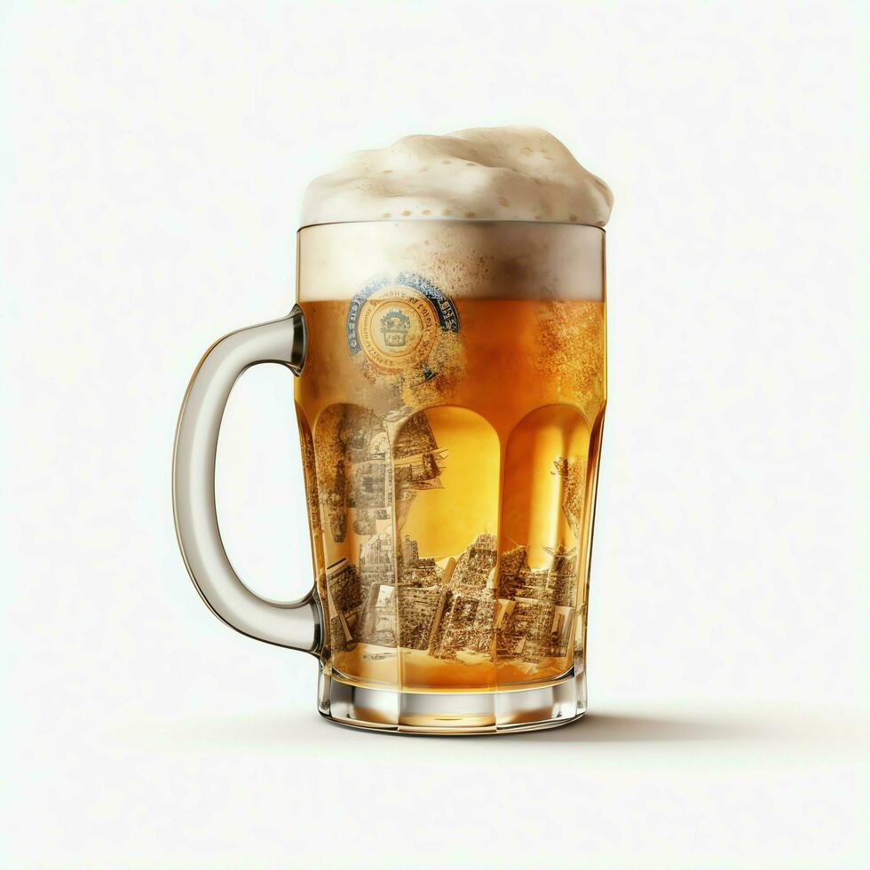 une verre de du froid Frais Bière avec casquette de mousse. éclaboussure de mousse avec savoureux américain bière. Bière journée concept par ai généré photo