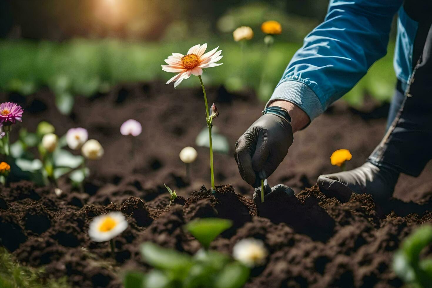 une la personne est plantation fleurs dans le jardin. généré par ai photo