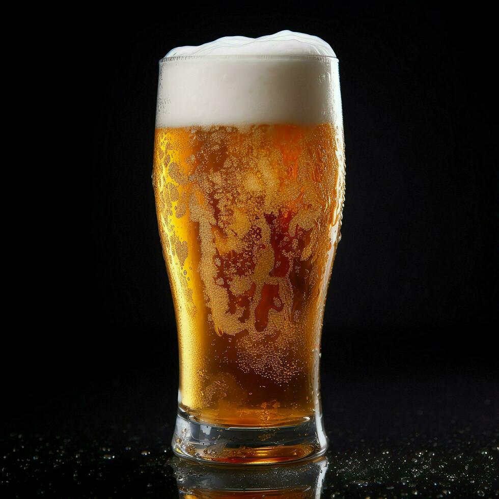 une verre de du froid Frais Bière avec casquette de mousse. éclaboussure de mousse avec savoureux américain bière. Bière journée concept par ai généré photo