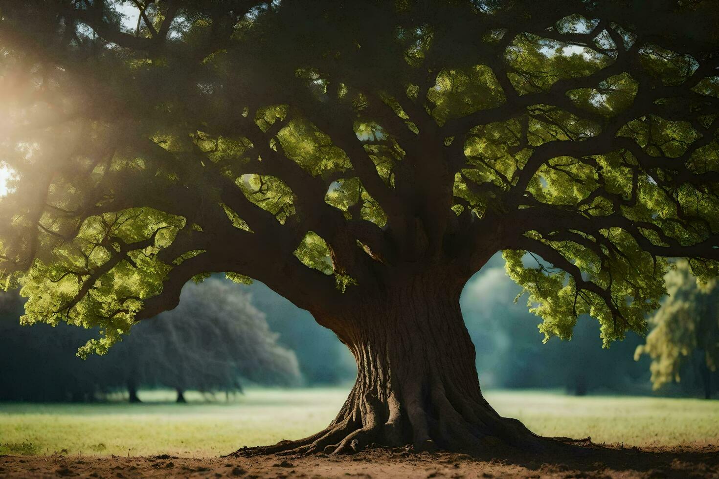 une grand arbre dans le milieu de une champ. généré par ai photo