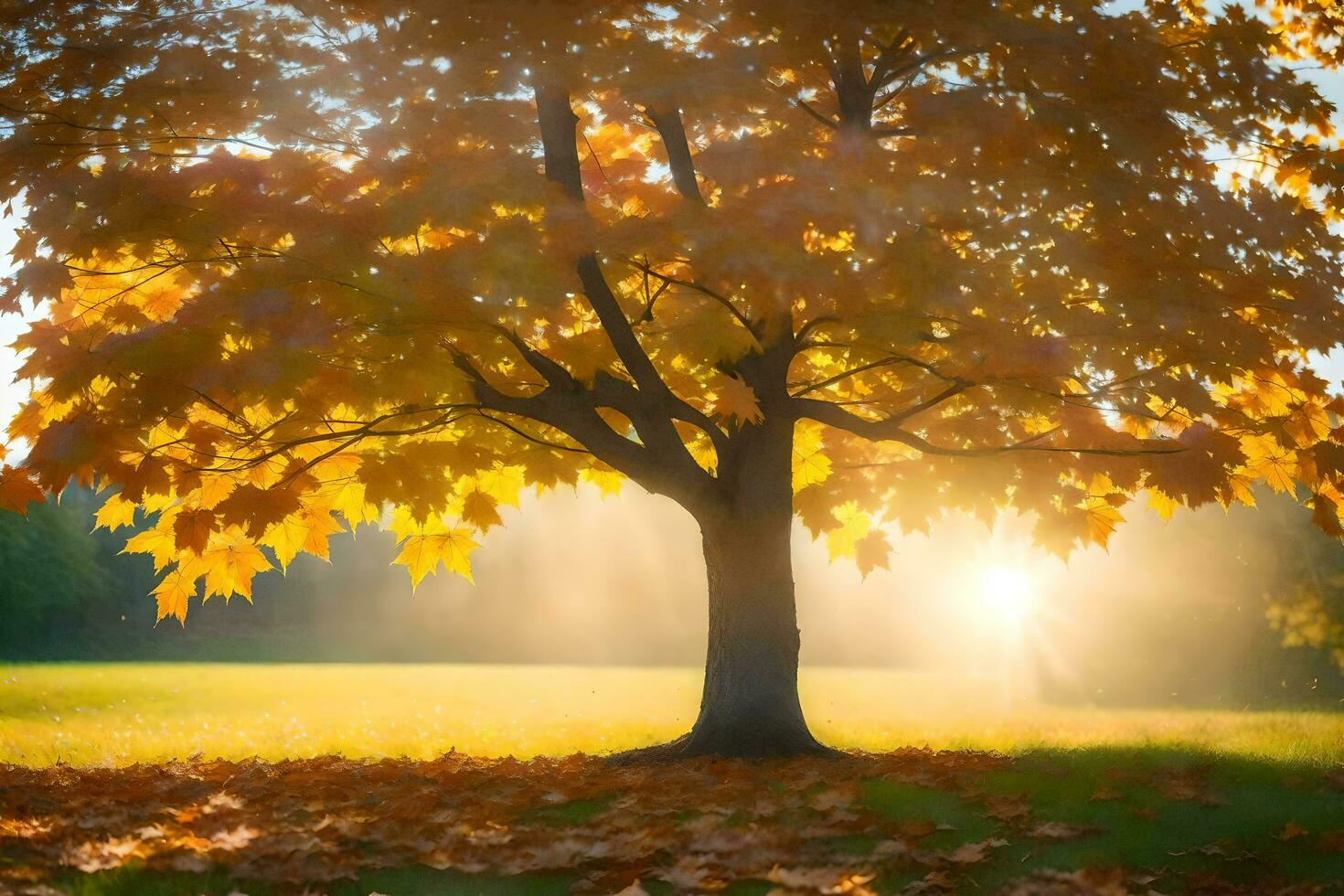 l'automne arbre avec rayons de soleil brillant par feuilles. généré par ai photo