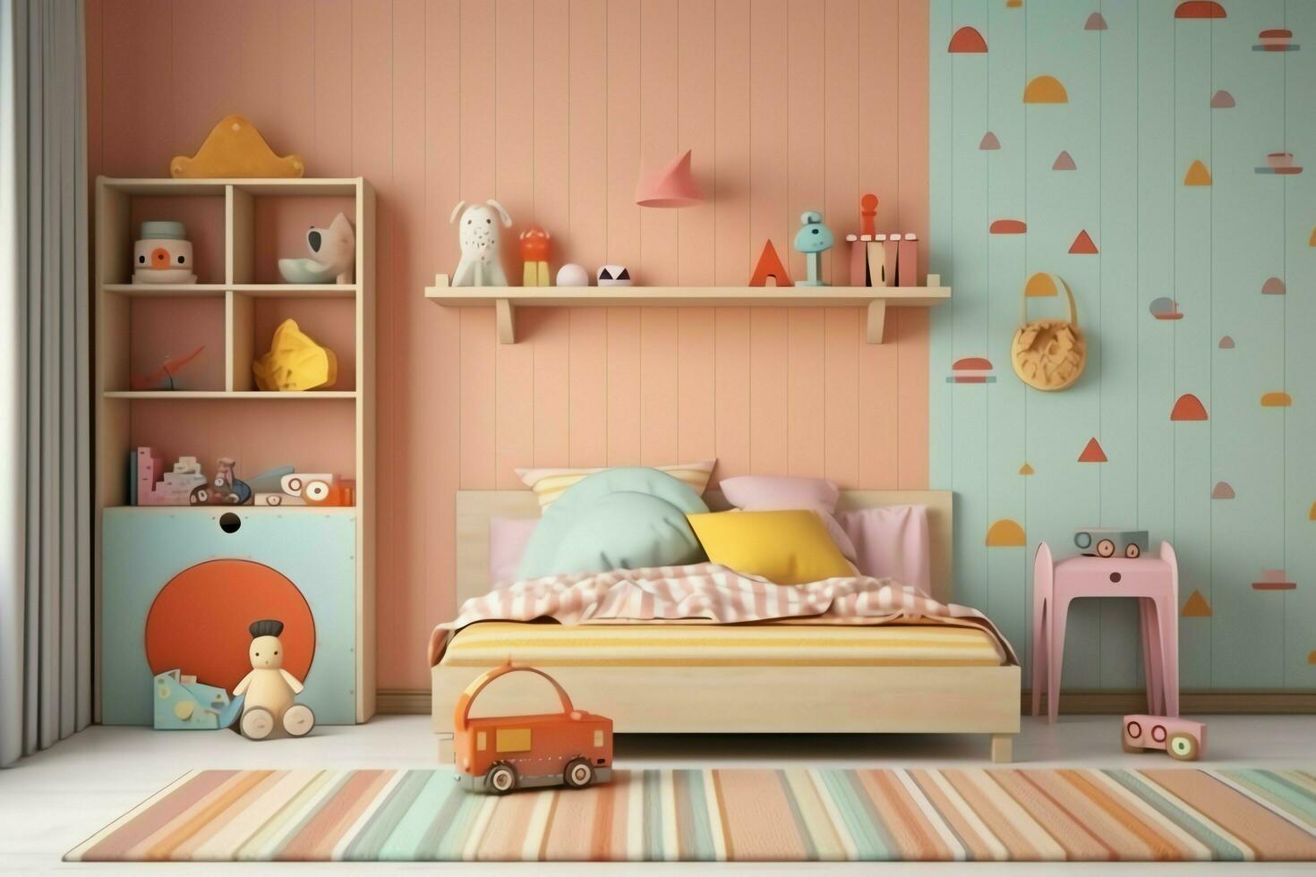 moderne enfant chambre intérieur conception dans maison avec décoration les enfants. coloré les enfants chambre concept par ai généré photo