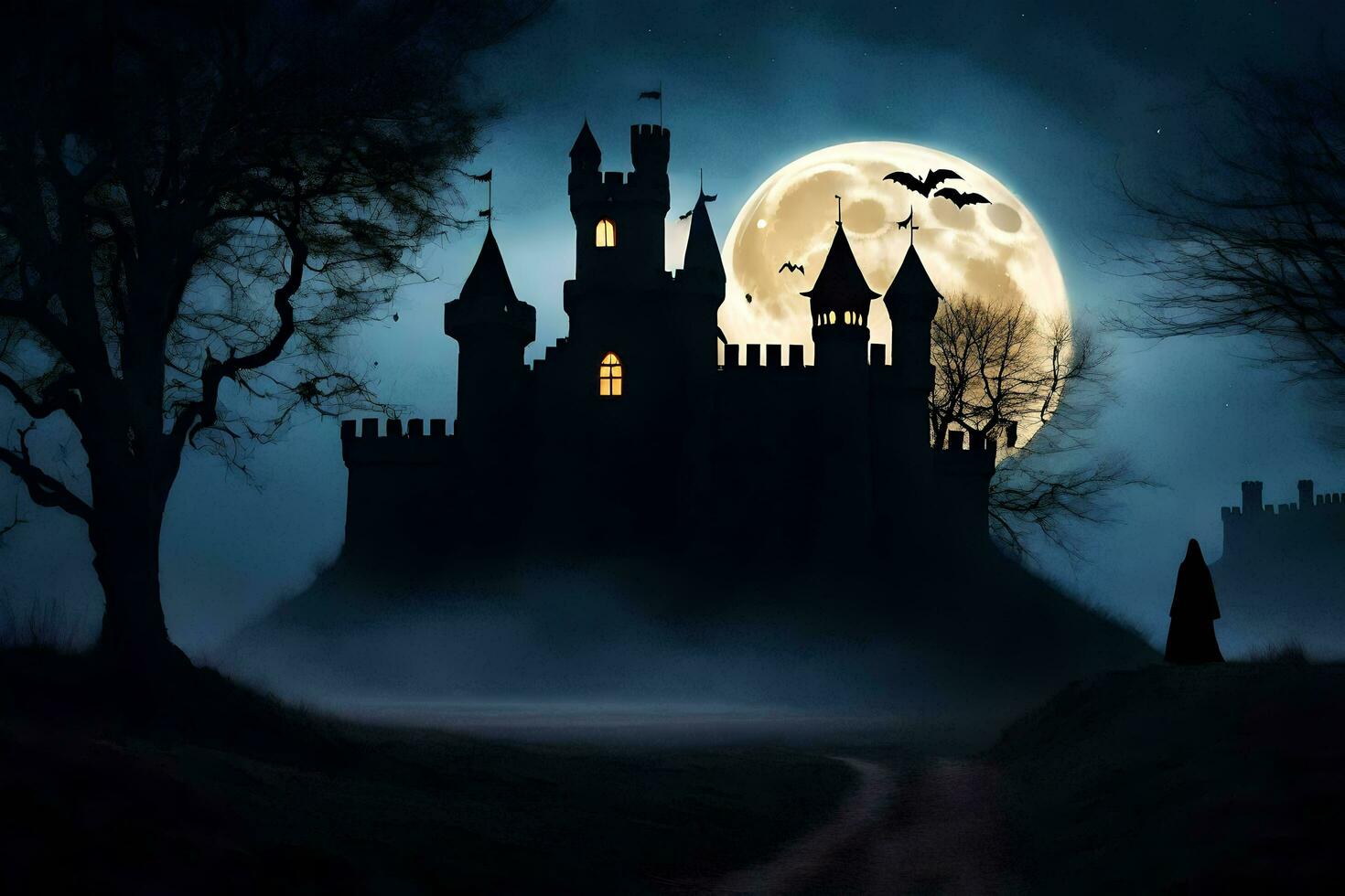 Halloween Château avec chauves-souris en volant plus de il à nuit. généré par ai photo