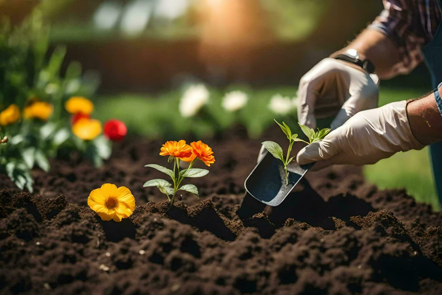 une la personne est plantation fleurs dans le jardin. généré par ai photo