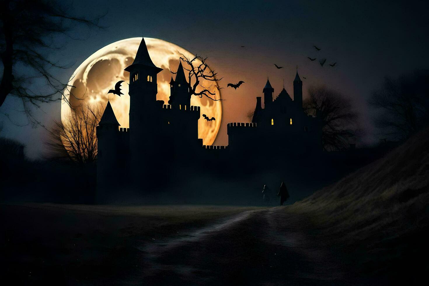 Halloween Château avec chauves-souris en volant plus de il à nuit. généré par ai photo