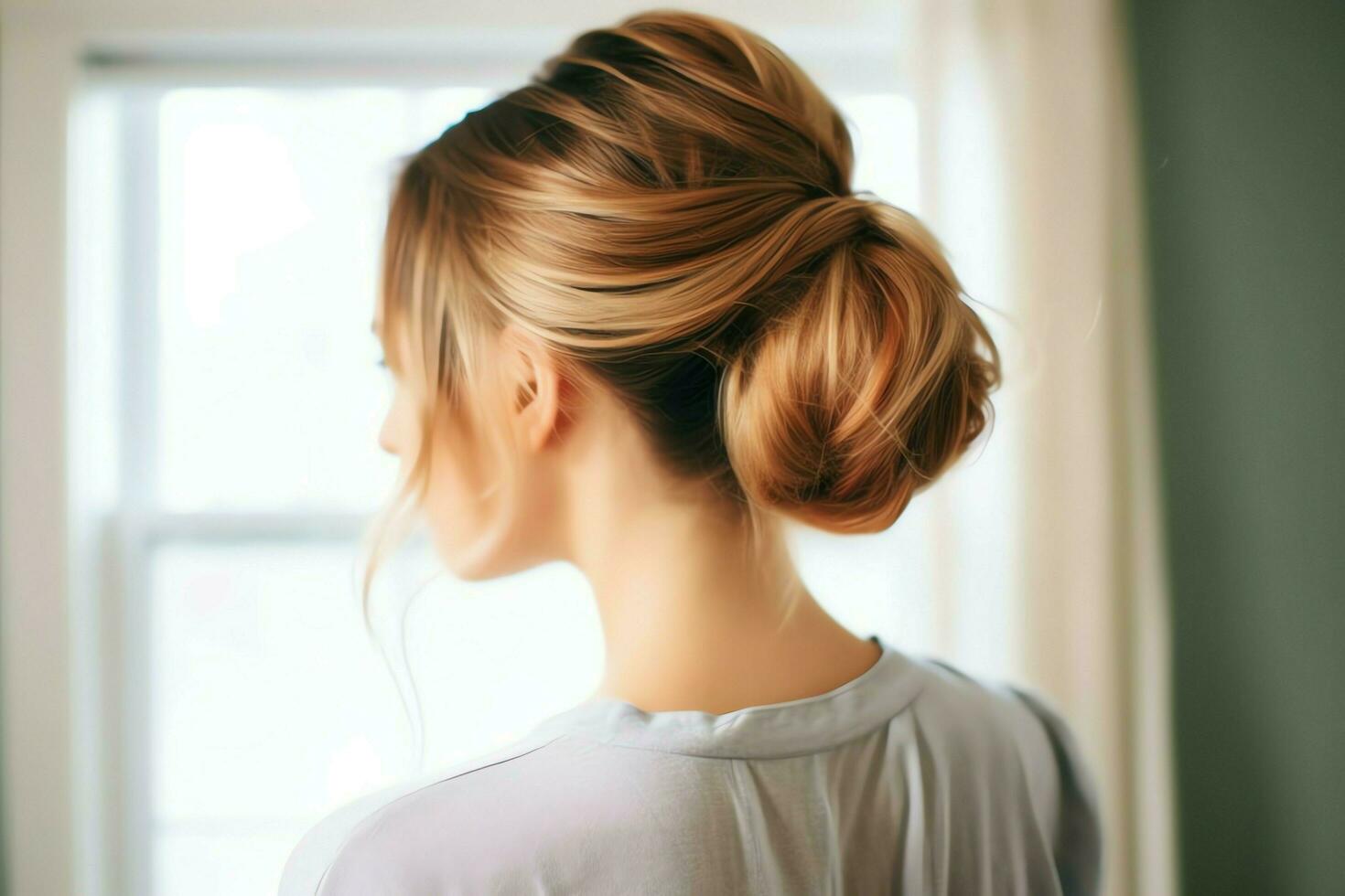 une magnifique la mariée avec une chignon coiffures pour longue cheveux Regardez de dos. une femelle coiffure arrière vue concept par ai généré photo