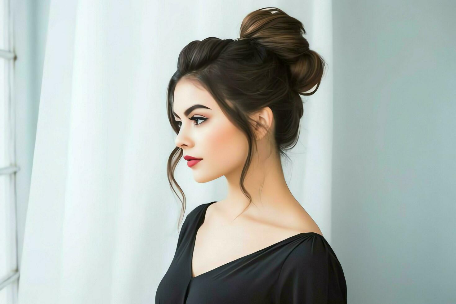 une magnifique la mariée avec une chignon coiffures pour longue cheveux Regardez de dos. une femelle coiffure arrière vue concept par ai généré photo