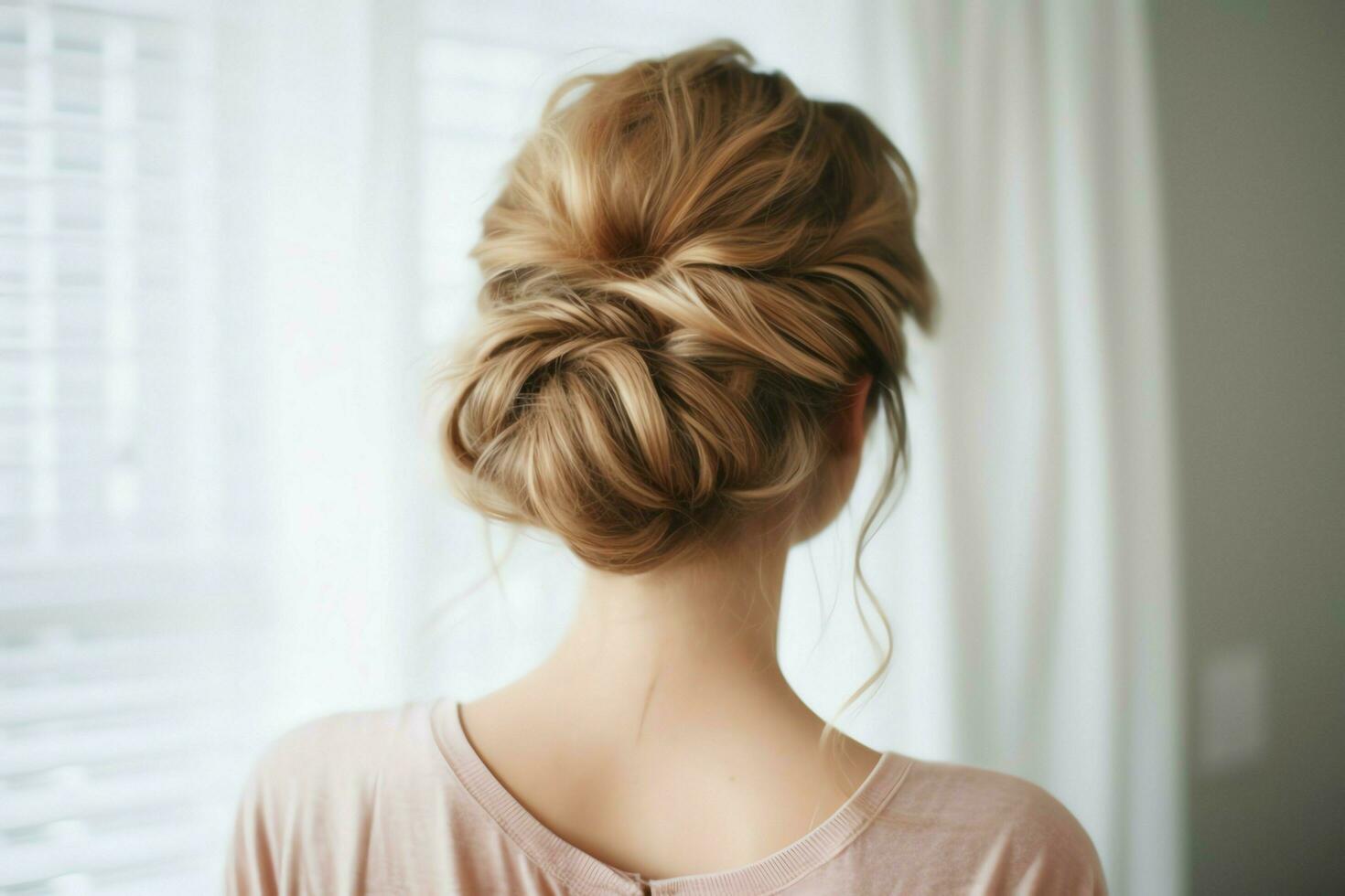 une magnifique la mariée avec une chignon coiffures pour longue cheveux Regardez de dos. une femelle coiffure arrière vue concept par ai généré photo