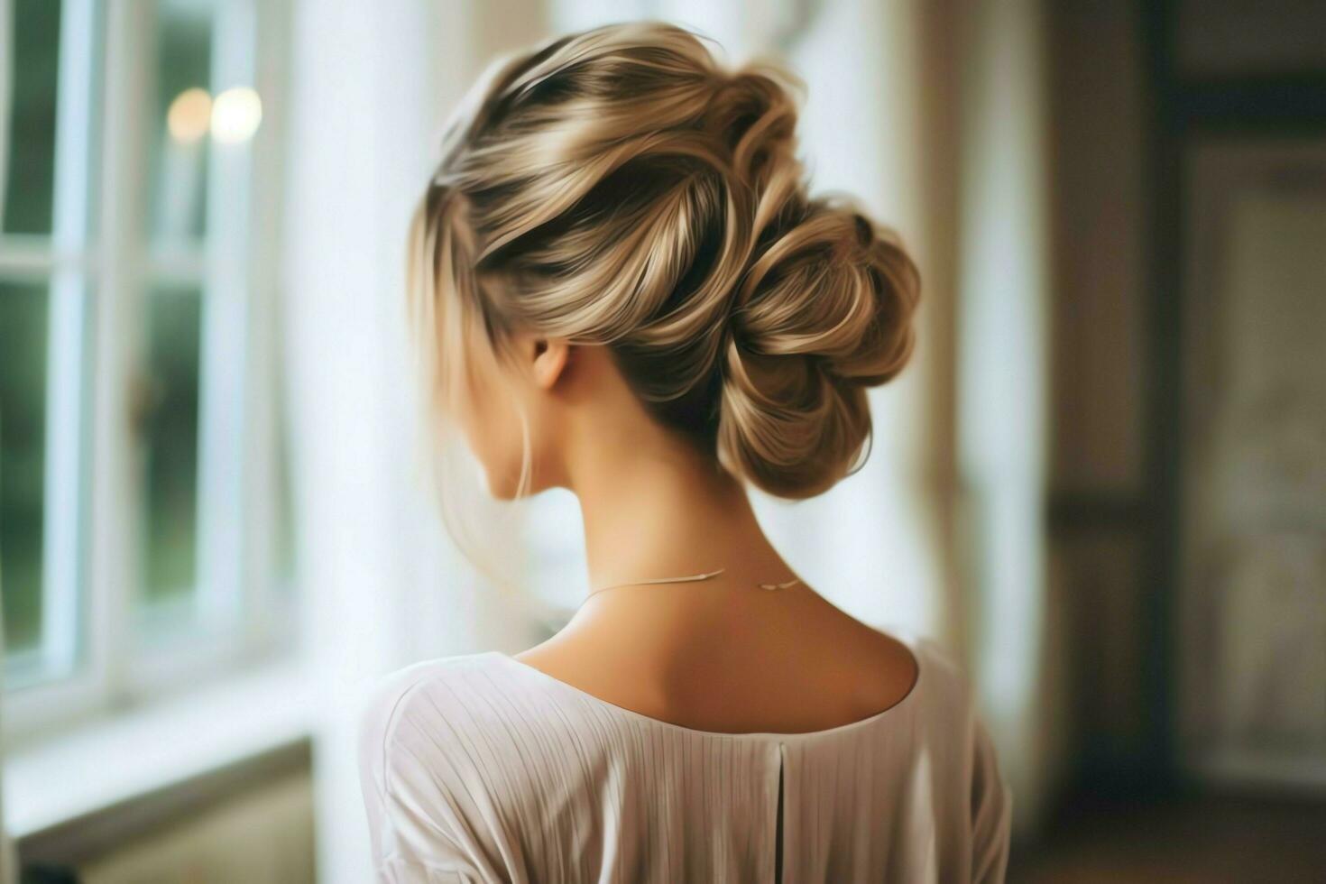 une magnifique la mariée avec une chignon coiffures pour longue cheveux Regardez de dos. une femelle coiffure arrière vue concept par ai généré photo