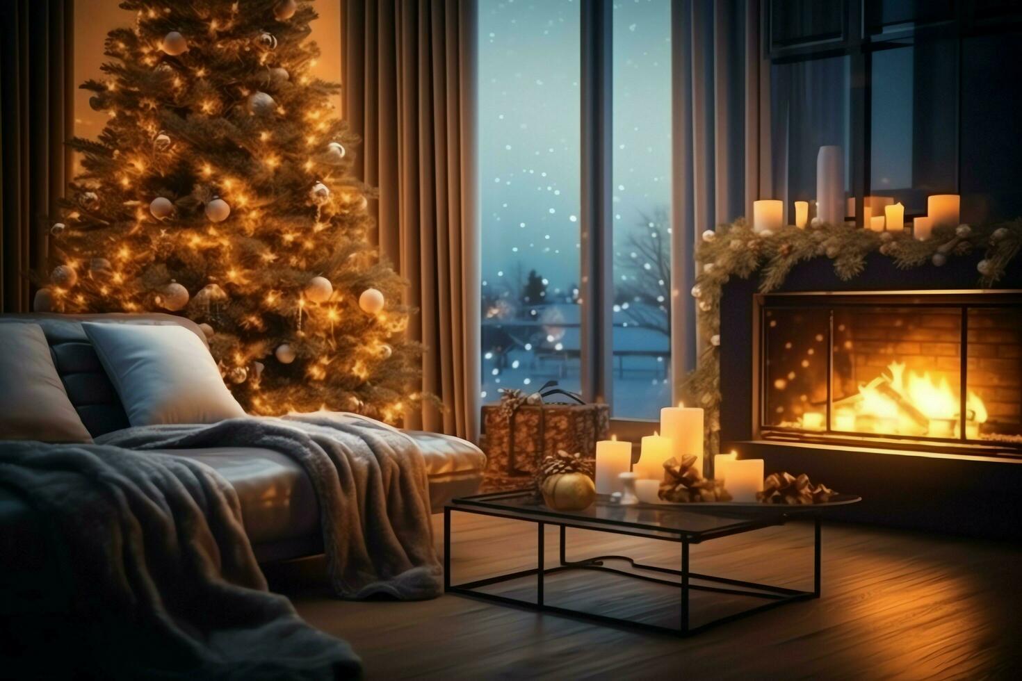 confortable vivant pièce avec cheminée et magnifique Noël arbre dans classique intérieur. intérieur de vivant pièce décoré pour joyeux Noël avec chaussettes, cadeau des boites et Noël accessoires par ai généré photo