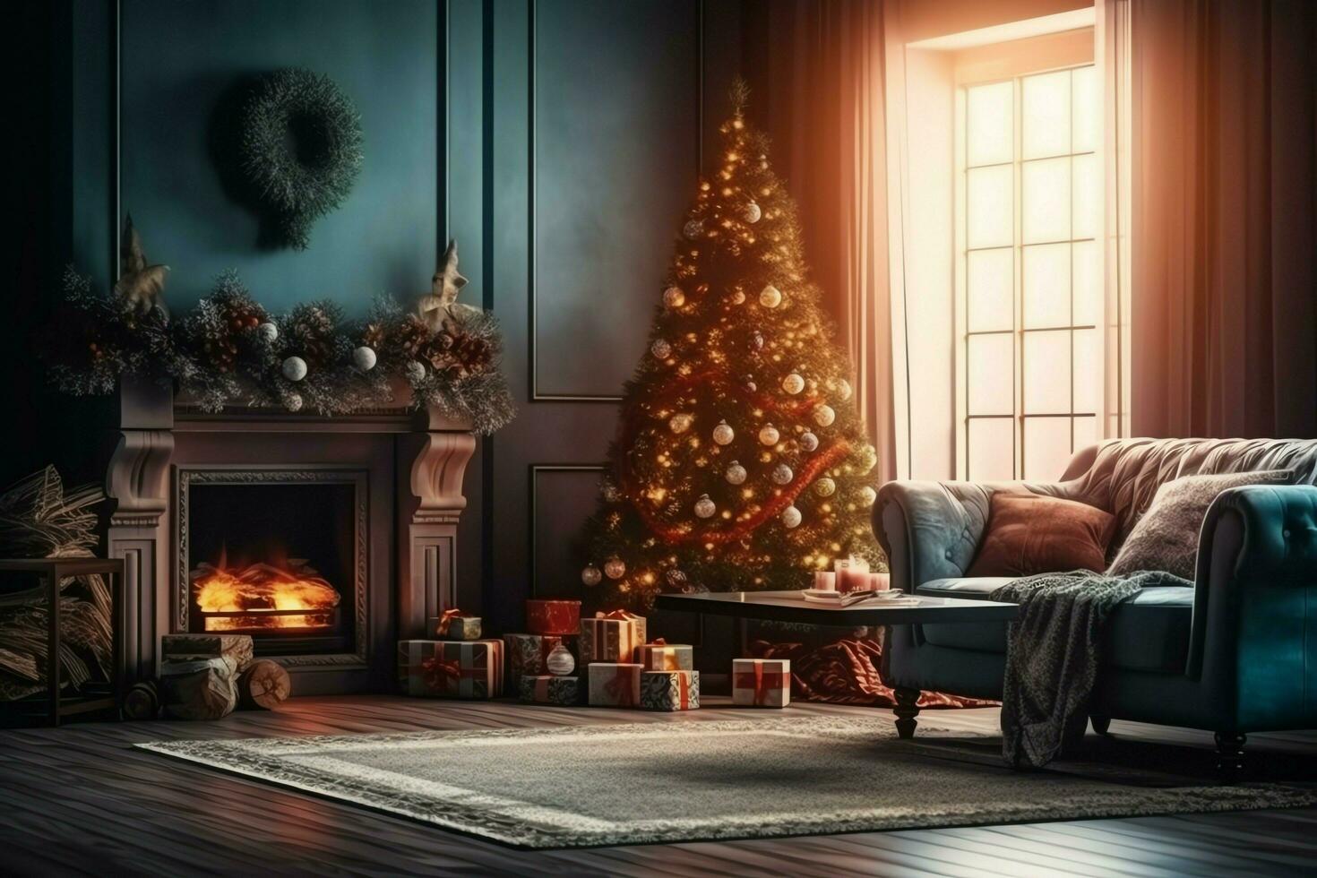 confortable vivant pièce avec cheminée et magnifique Noël arbre dans classique intérieur. intérieur de vivant pièce décoré pour joyeux Noël avec chaussettes, cadeau des boites et Noël accessoires par ai généré photo