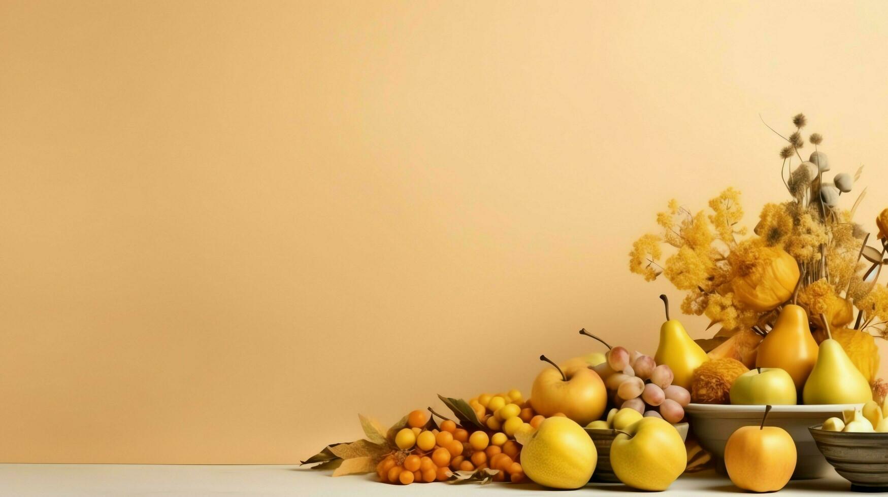 action de grâces journée ou l'automne composition avec citrouille, des oranges, feuilles ou poulet. action de grâces nourriture concept par ai généré photo