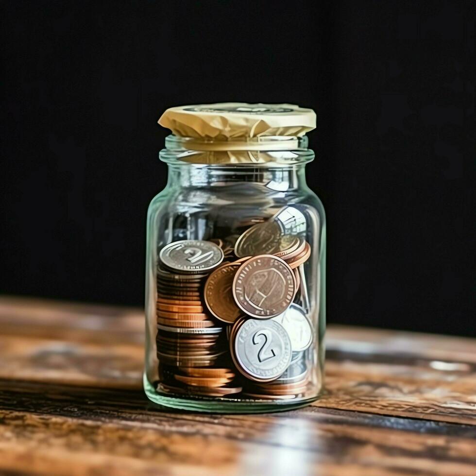 une verre bouteille avec empiler de pièces de monnaie argent et une l'obtention du diplôme chapeau sur Haut. économie argent et éducatif Succès concept par ai généré photo