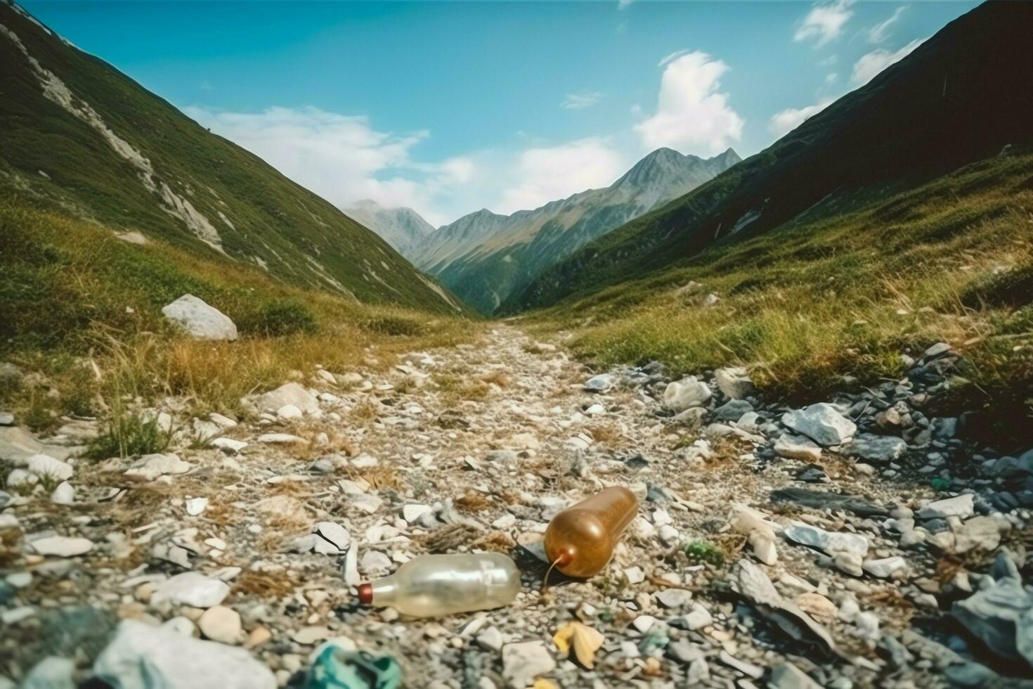 environnement problème Plastique des ordures ou poubelle dans le Montagne de global échauffement. la pollution concept par ai généré photo