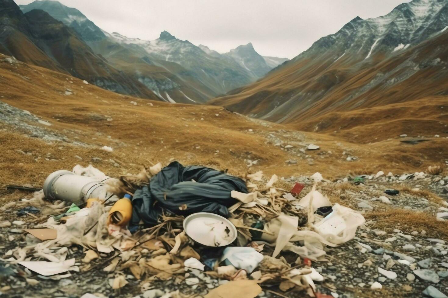 environnement problème Plastique des ordures ou poubelle dans le Montagne de global échauffement. la pollution concept par ai généré photo