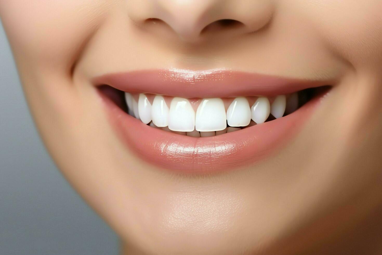 parfait en bonne santé les dents sourire de une Jeune femme à une dentiste. les dents blanchiment. dentaire se soucier, stomatologie concept par ai généré photo