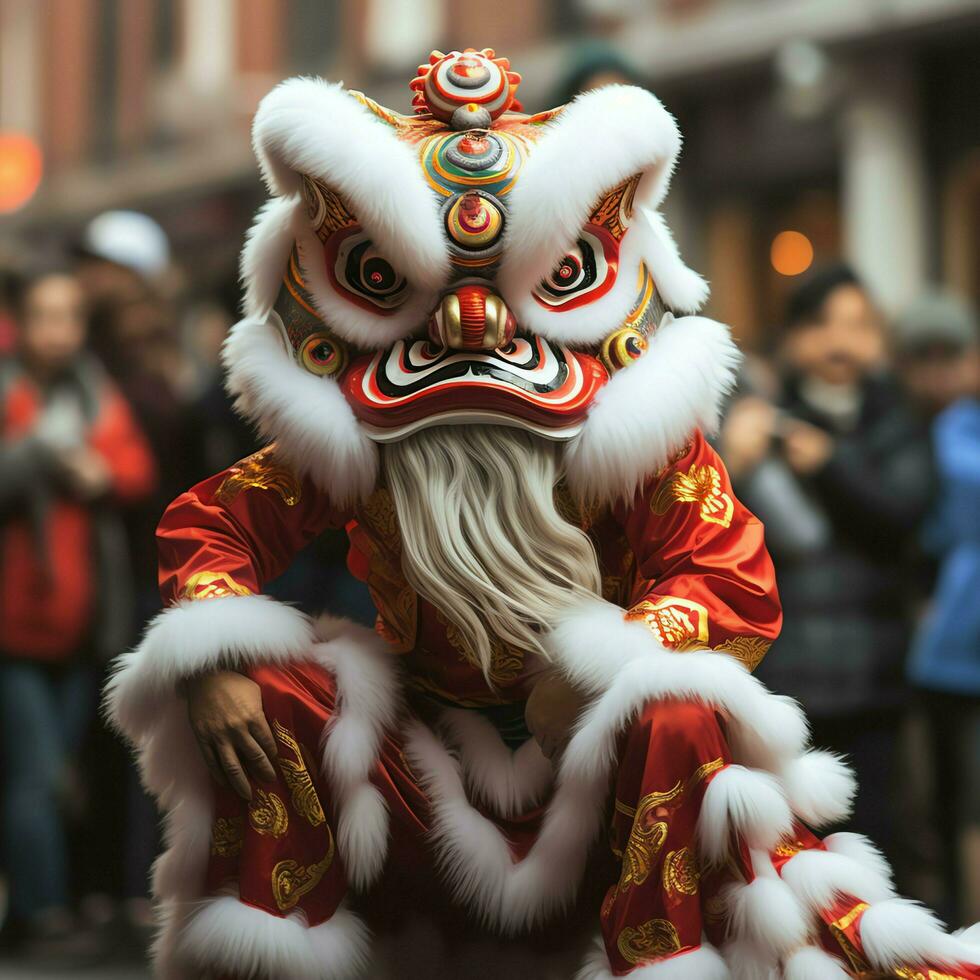 dragon ou Lion Danse spectacle barongsai dans fête chinois lunaire Nouveau année festival. asiatique traditionnel concept par ai généré photo