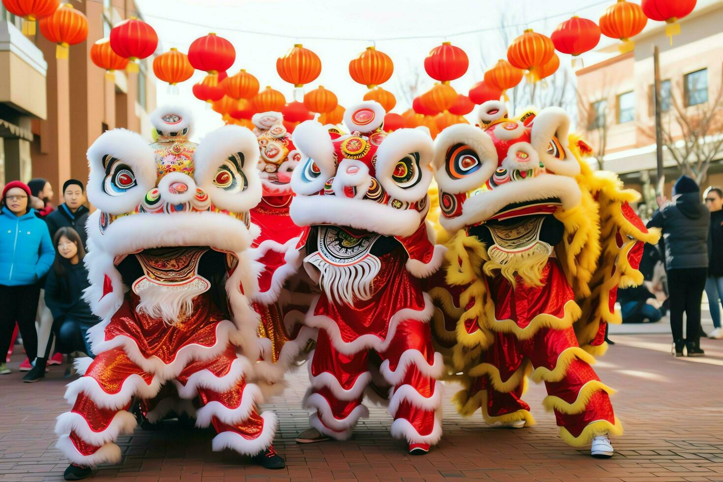 dragon ou Lion Danse spectacle barongsai dans fête chinois lunaire Nouveau année festival. asiatique traditionnel concept par ai généré photo