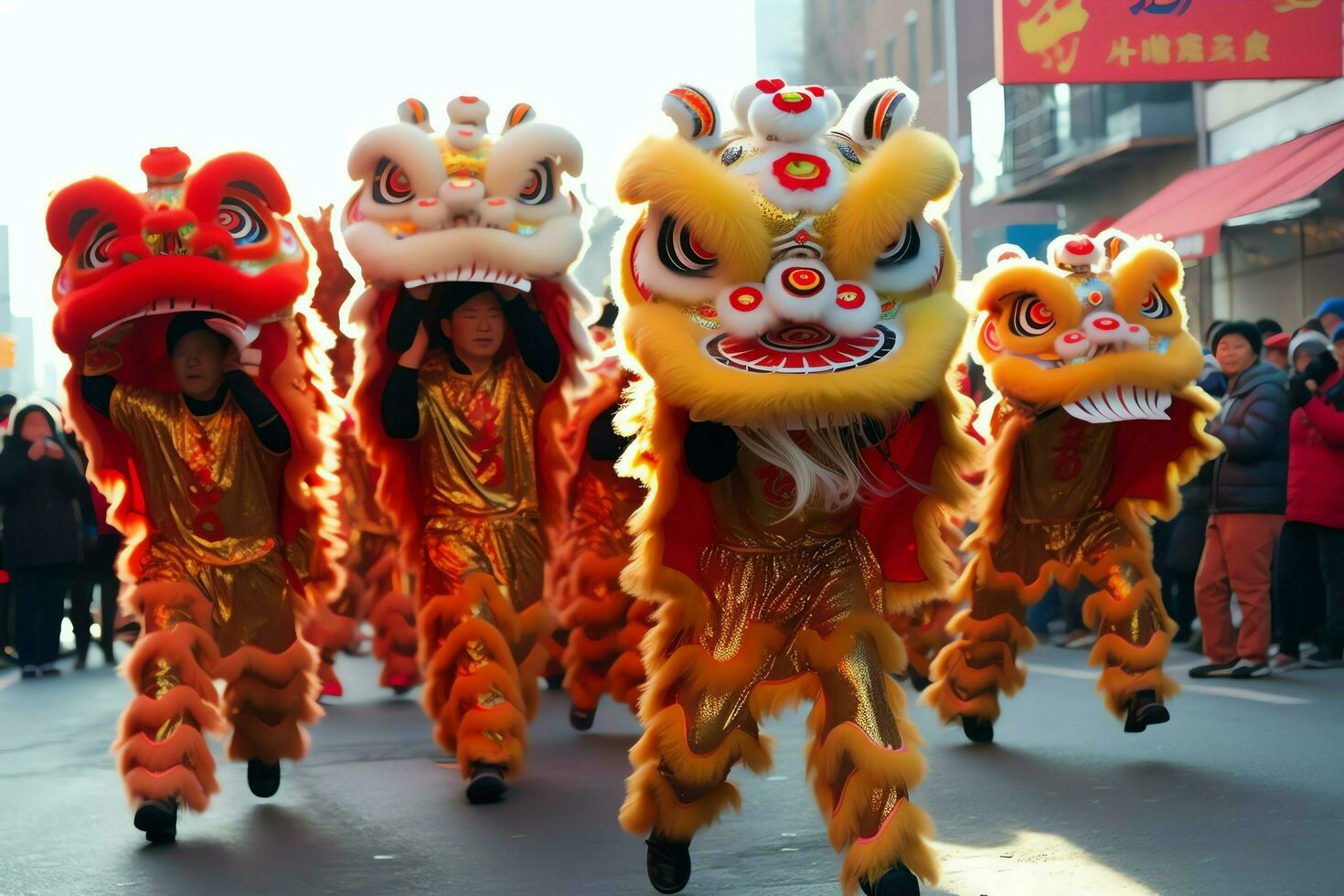 dragon ou Lion Danse spectacle barongsai dans fête chinois lunaire Nouveau année festival. asiatique traditionnel concept par ai généré photo