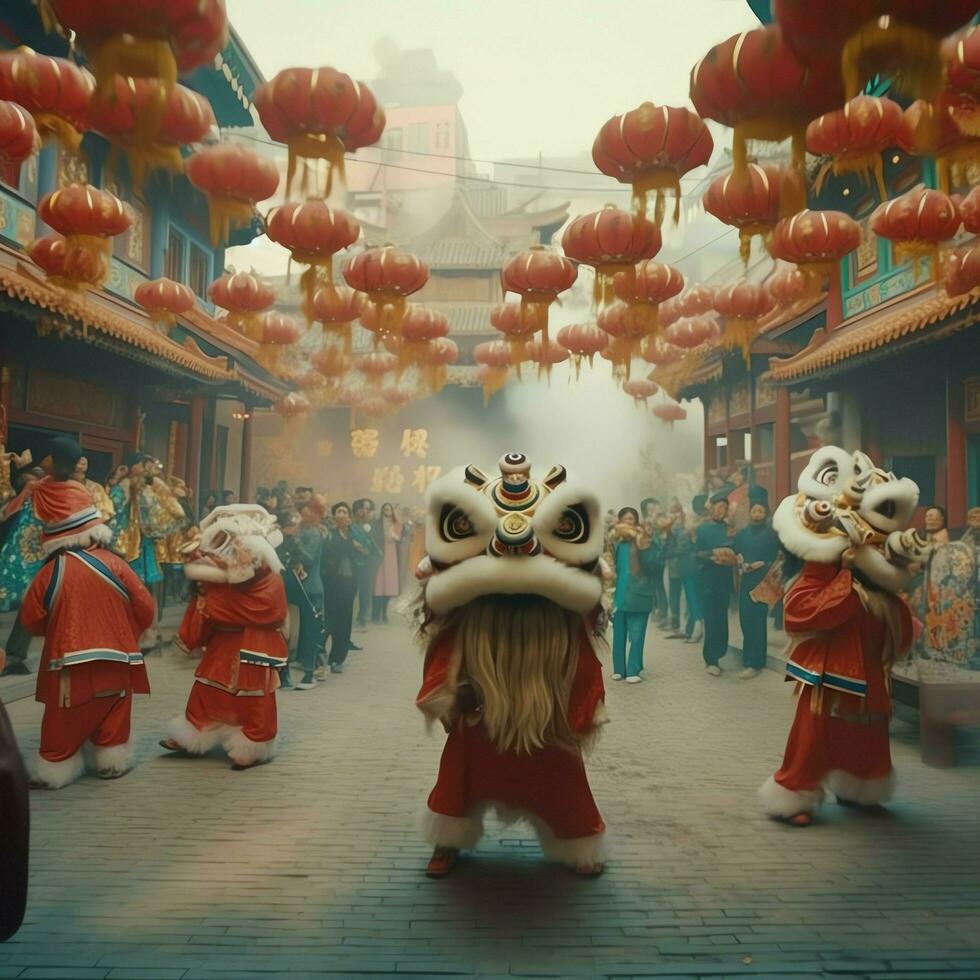 dragon ou Lion Danse spectacle barongsai dans fête chinois lunaire Nouveau année festival. asiatique traditionnel concept par ai généré photo