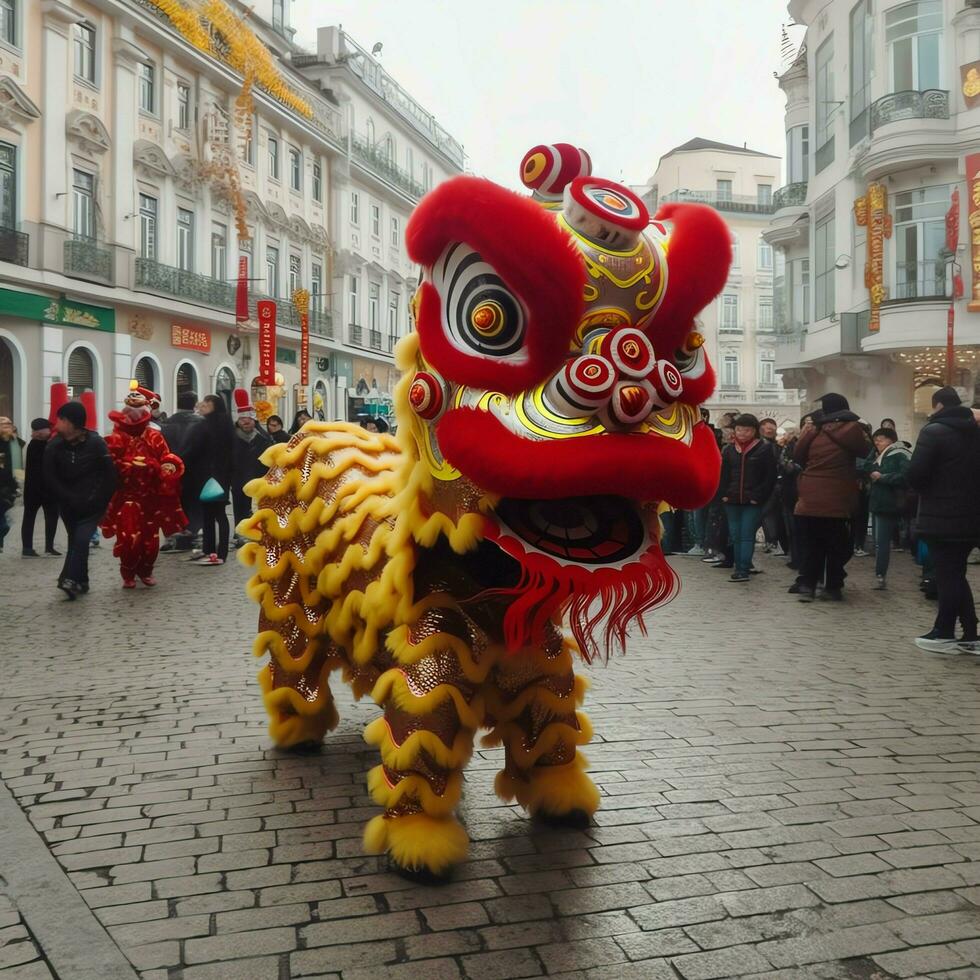 dragon ou Lion Danse spectacle barongsai dans fête chinois lunaire Nouveau année festival. asiatique traditionnel concept par ai généré photo