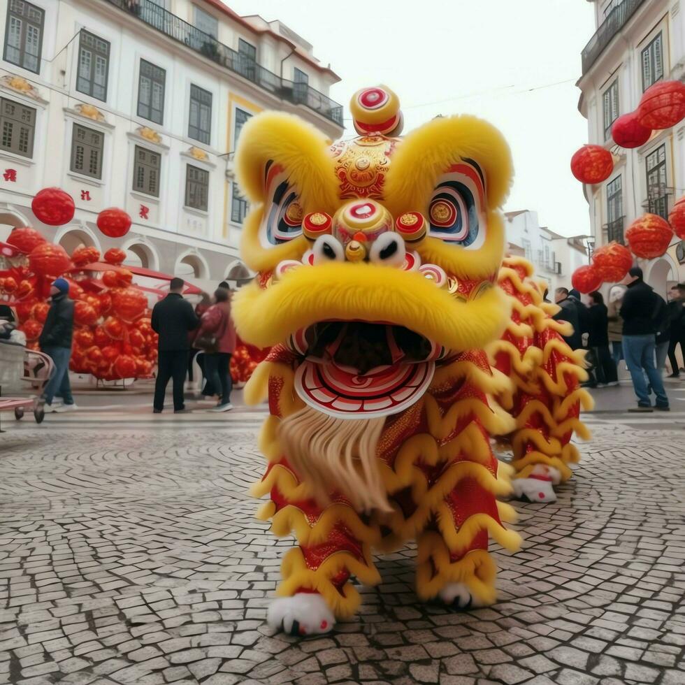 dragon ou Lion Danse spectacle barongsai dans fête chinois lunaire Nouveau année festival. asiatique traditionnel concept par ai généré photo