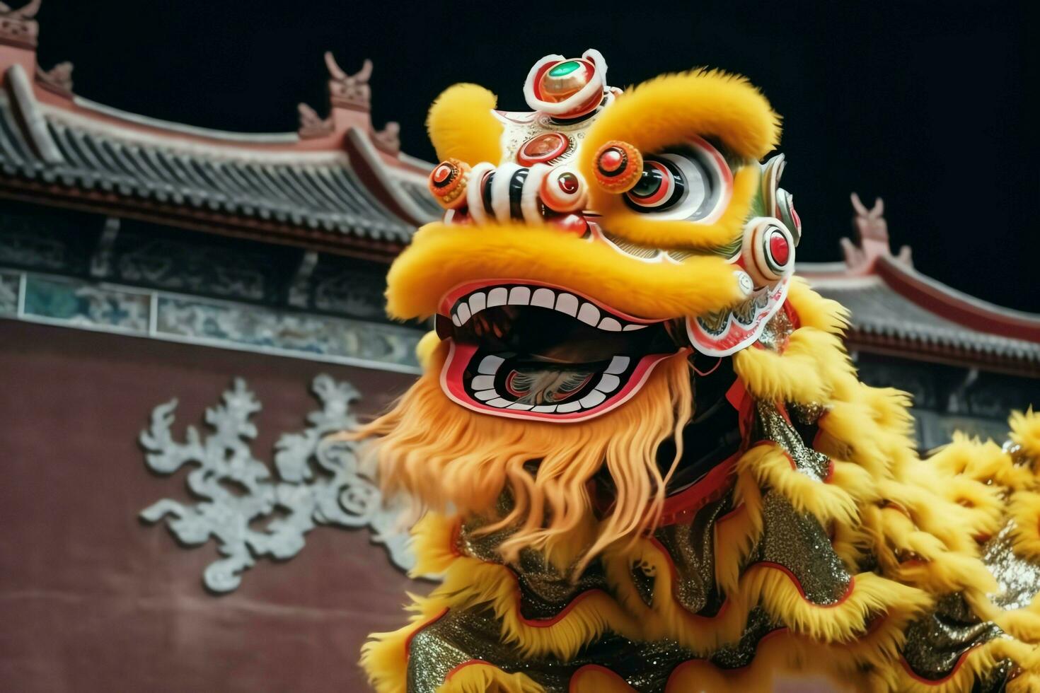 dragon ou Lion Danse spectacle barongsai dans fête chinois lunaire Nouveau année festival. asiatique traditionnel concept par ai généré photo