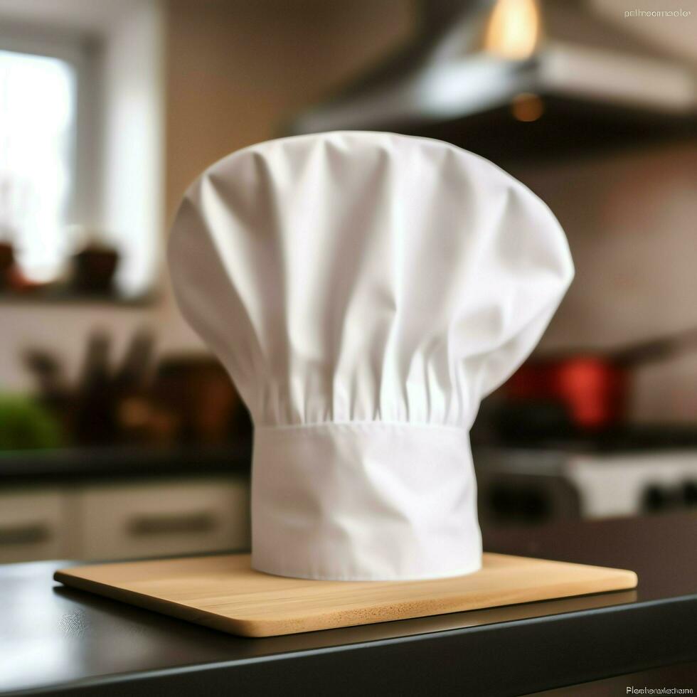 blanc cuisinier chapeau dans le cuisine table et copie espace pour votre décoration. La publicité la photographie concept par ai généré photo