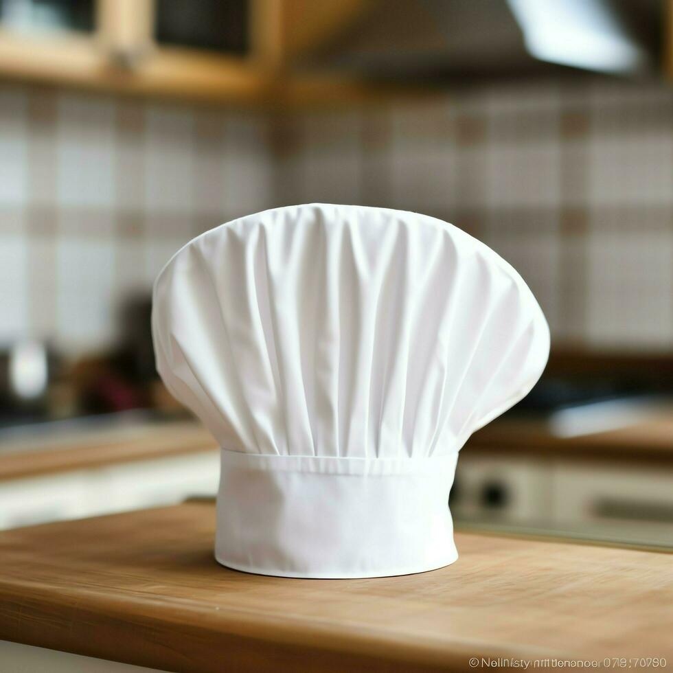 blanc cuisinier chapeau dans le cuisine table et copie espace pour votre décoration. La publicité la photographie concept par ai généré photo