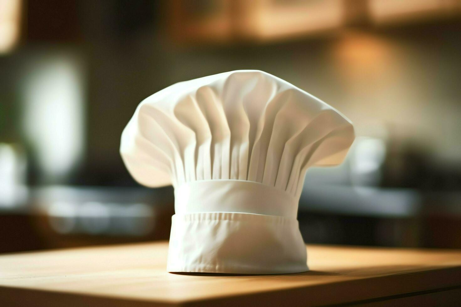 blanc cuisinier chapeau dans le cuisine table et copie espace pour votre décoration. La publicité la photographie concept par ai généré photo