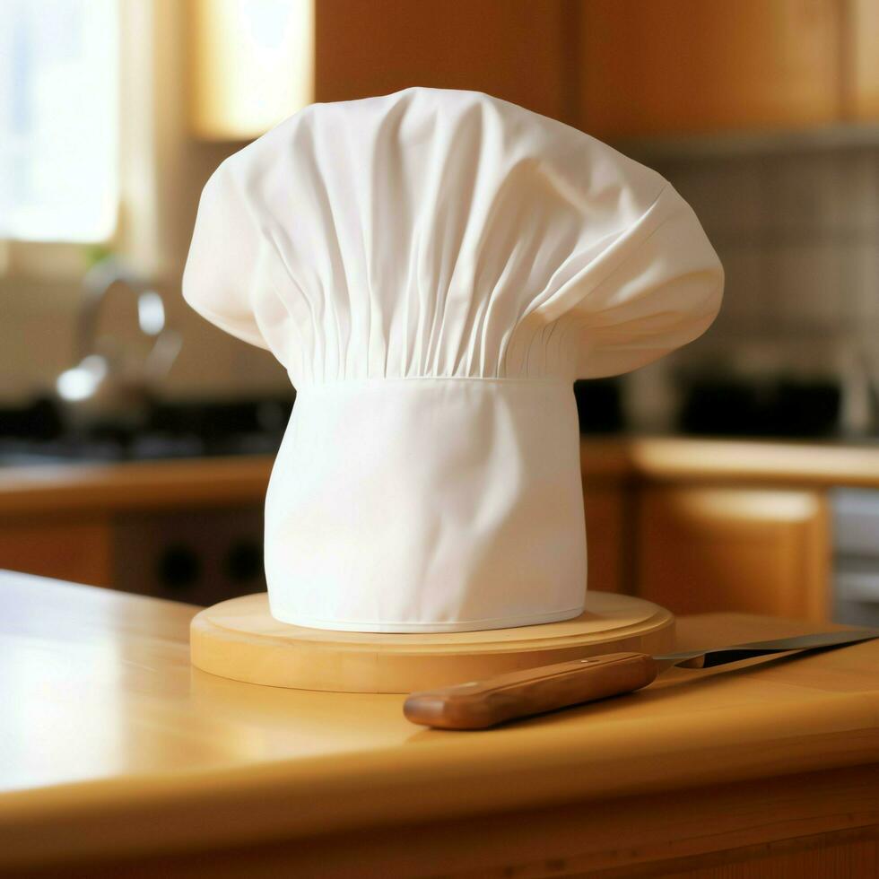 blanc cuisinier chapeau dans le cuisine table et copie espace pour votre décoration. La publicité la photographie concept par ai généré photo