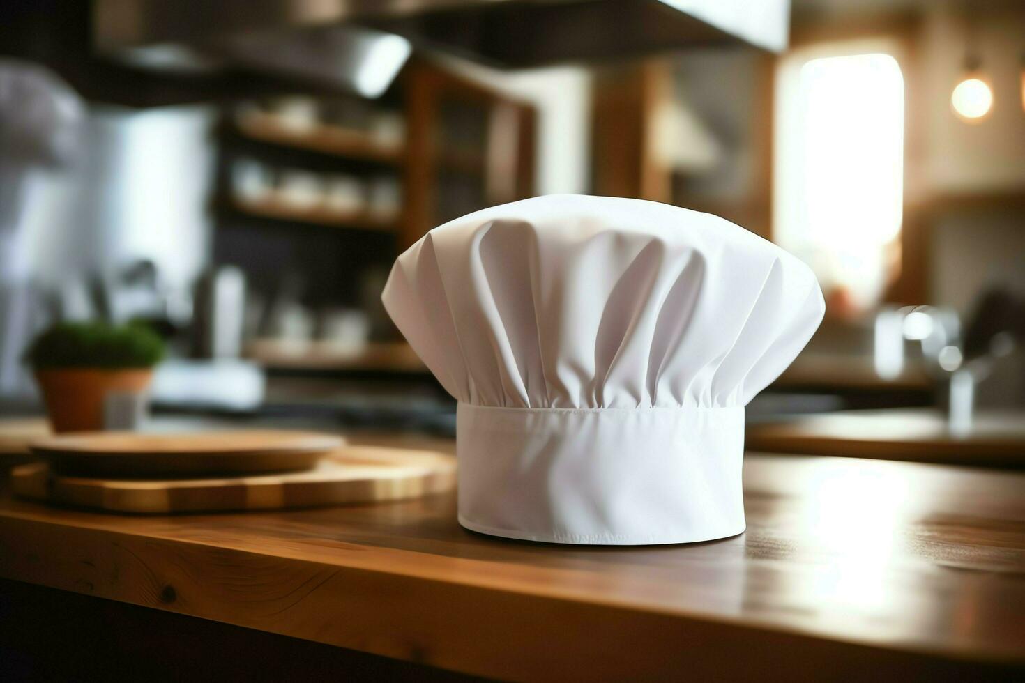 blanc cuisinier chapeau dans le cuisine table et copie espace pour votre décoration. La publicité la photographie concept par ai généré photo