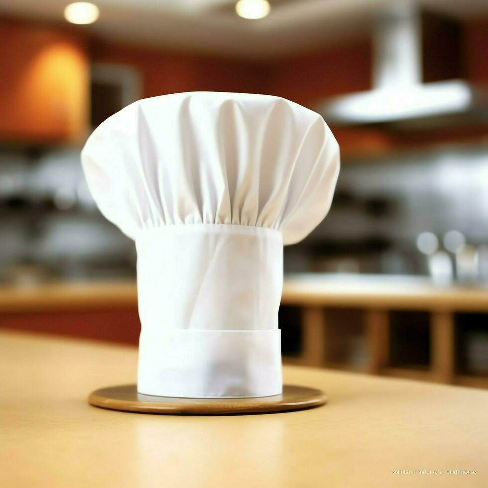 blanc cuisinier chapeau dans le cuisine table et copie espace pour votre décoration. La publicité la photographie concept par ai généré photo