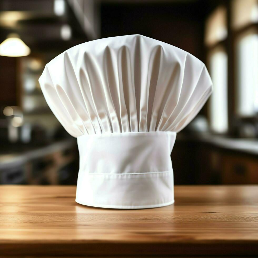 blanc cuisinier chapeau dans le cuisine table et copie espace pour votre décoration. La publicité la photographie concept par ai généré photo