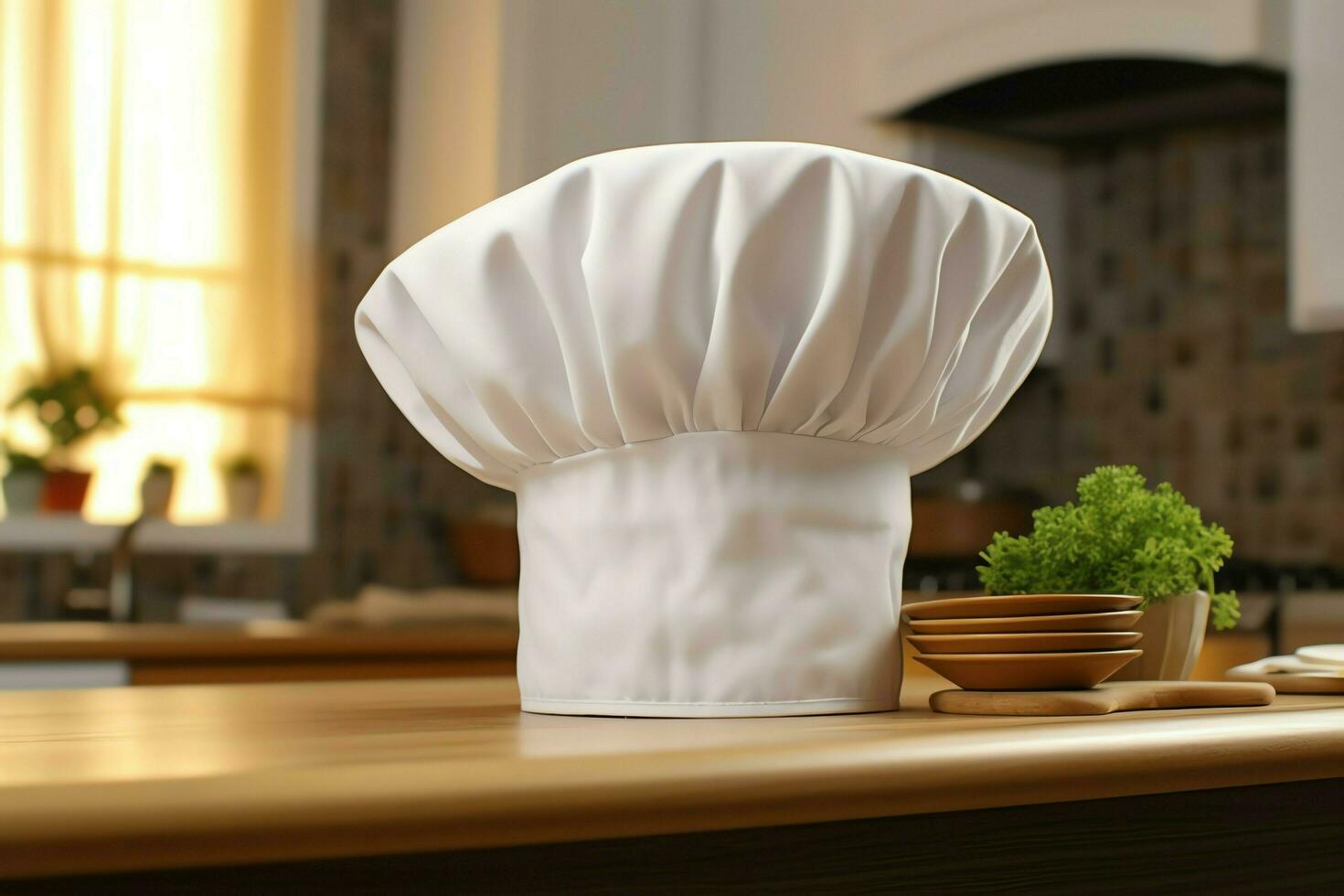 blanc cuisinier chapeau dans le cuisine table et copie espace pour votre décoration. La publicité la photographie concept par ai généré photo