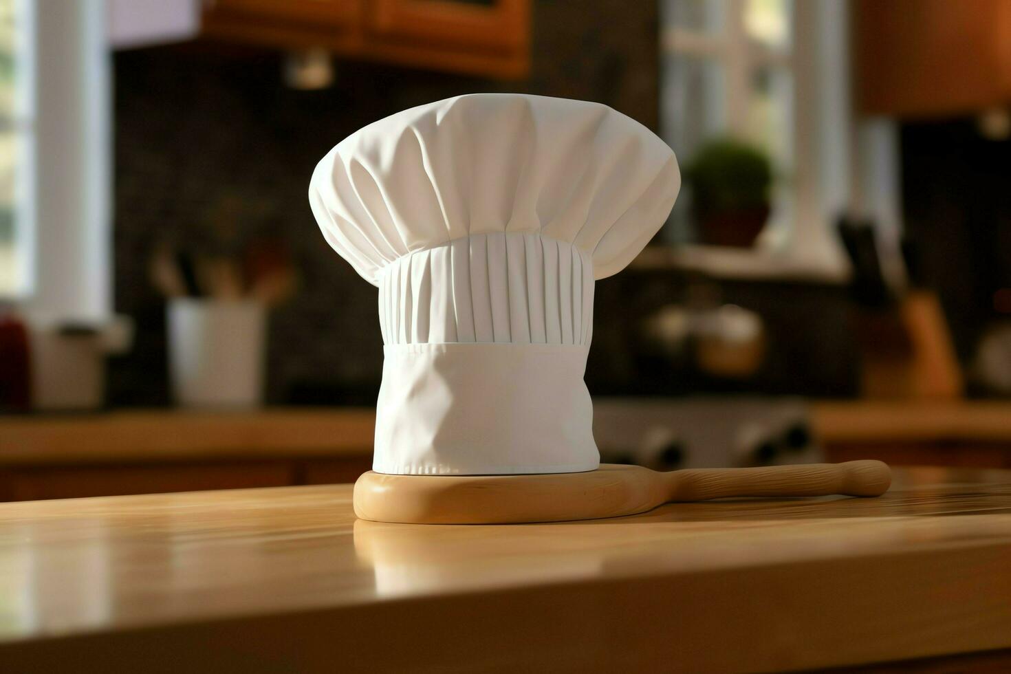 blanc cuisinier chapeau dans le cuisine table et copie espace pour votre décoration. La publicité la photographie concept par ai généré photo